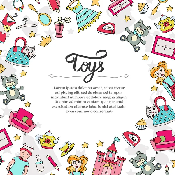 Capa decorativa bonito com mão desenhada brinquedos coloridos para meninas —  Vetores de Stock