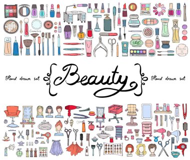 Vector set with hand drawn colored doodles of cosmetics and symbols of beauty. Sketches for use in design clipart