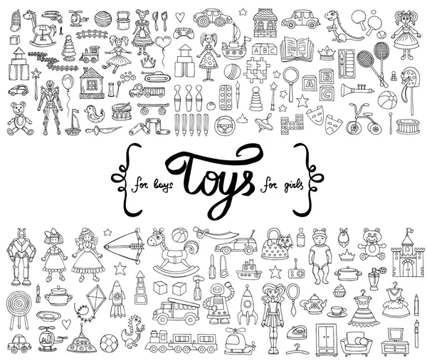 Vektör erkek ve kız için oyuncaklar elle çizilmiş izole doodle ile ayarlayın