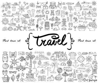 Vektör seyahat ve turizm teması üzerinde elle çizilmiş izole doodle ile ayarlayın. Tasarımda kullanılmak üzere çizimler