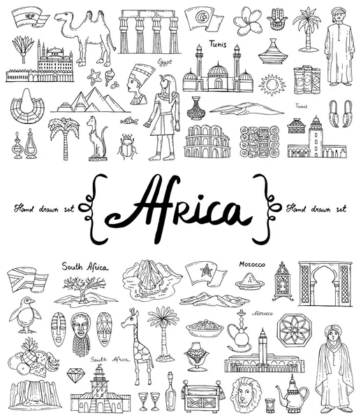 Vektor-Set mit handgezeichneten isolierten Doodles zum Thema Afrika. Symbole von Ägypten, Tunis, Südafrika, Marokko — Stockvektor