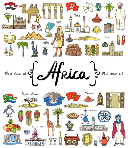 Vektör Afrika teması üzerinde elle çizilmiş renkli doodle ile ayarlayın. Mısır, Tunus, Güney Afrika, Fas sembolleri