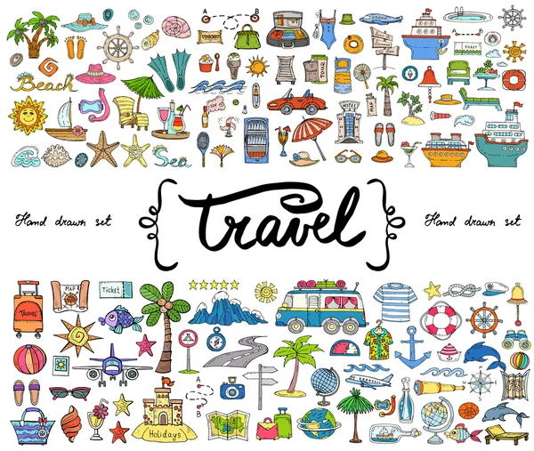Vektör seyahat, turizm teması üzerinde elle çizilmiş renkli karalamalar ile ayarlayın. Tasarımda kullanılmak üzere çizimler