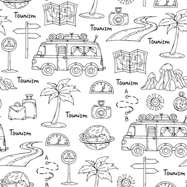 Siyah renk üzerinde araba seyahat elle çizilmiş izole semboller ile Vektör dikişsiz desen. Turizm temitörü desen