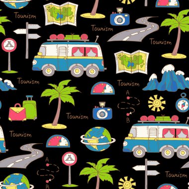 Siyah renk üzerinde araba seyahat el çizilmiş renkli semboller ile Vektör dikişsiz desen. Turizm temitörü desen