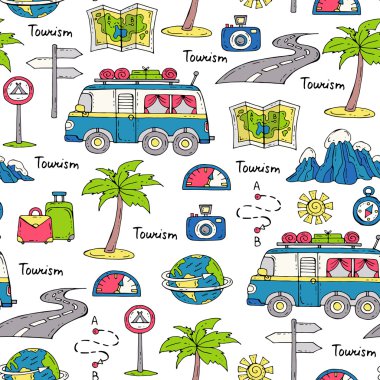 Araba seyahat el çizilmiş renkli semboller ile Vektör dikişsiz desen. Turizm temitörü desen