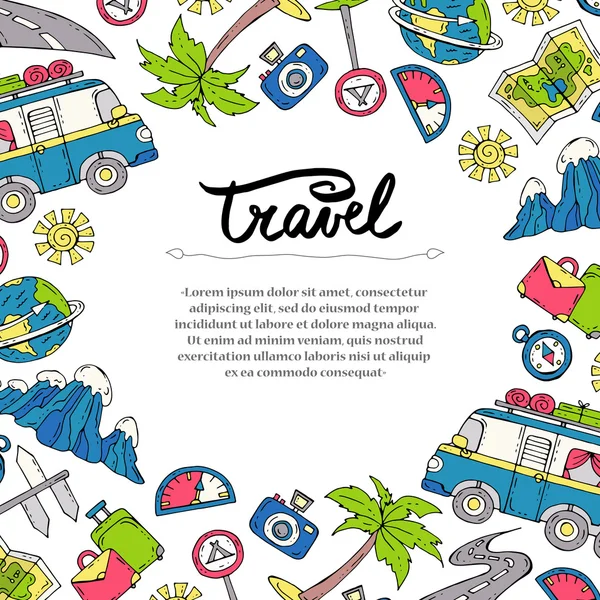 Linda cubierta decorativa con símbolos dibujados a mano de color del turismo, viaje en coche — Vector de stock