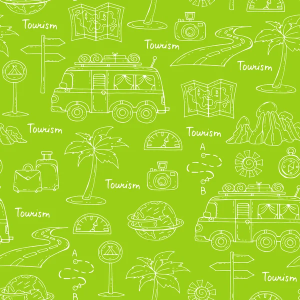 Vector seamless pattern with hand drawn isolated symbols of car travel on green color.  Pattern on the theme of tourism — Stock Vector