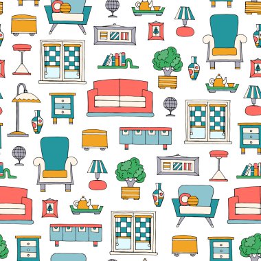 El çizilmiş renkli mobilya ile vektör dikişsiz desen. Ev dekorasyonu teması desen, iç