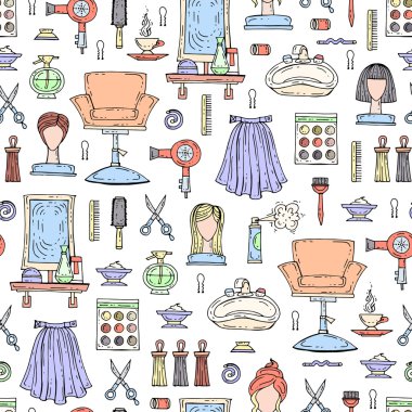 El renkli moda ve güzellik sembolleri çizilmiş vektör sorunsuz desen. Kuaför temonisi üzerine desen