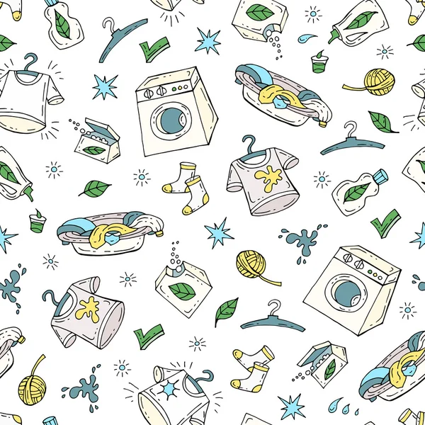 El çizilmiş renkli yıkama sembolleri ile vektör dikişsiz desen. Çamaşır temasındaki desen — Stok Vektör