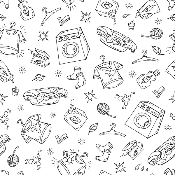 Beyaz renk üzerinde elle çizilmiş yıkama sembolleri ile vektör dikişsiz desen. Çamaşır temasındaki desen