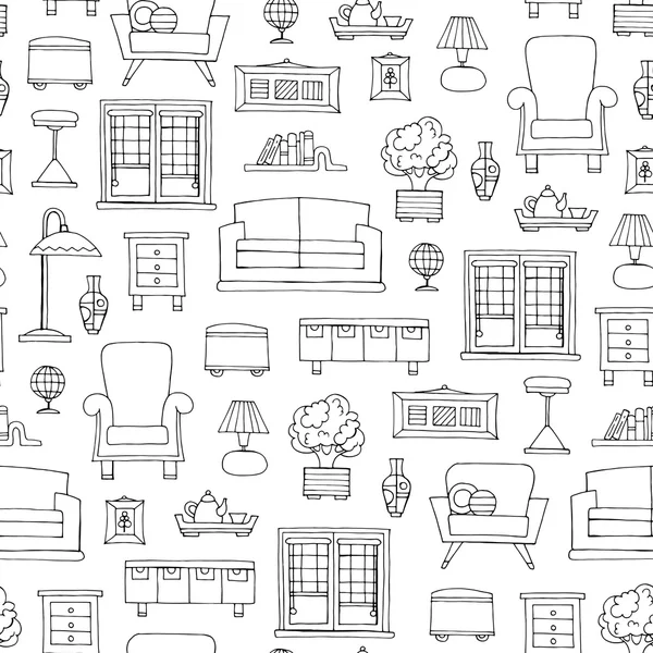 Vektor nahtlose Muster mit handgezeichneten Möbeln auf weißer Farbe. Muster zum Thema Wohndekoration, Interieur — Stockvektor