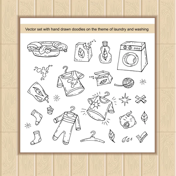Vektor szett kézzel húzott izolált Doodles a mosó szimbólumok. Lapos illusztrációk a témája a mosoda — Stock Vector