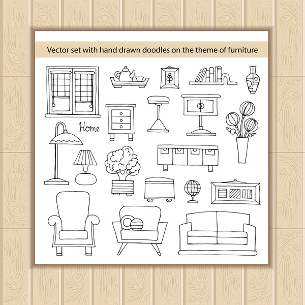 以家具为主题的手工绘制的隔离涂鸦的矢量集。家庭装饰的平面插图 — 图库矢量图片