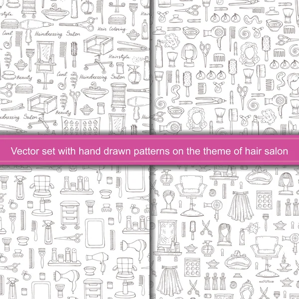 Vector set with seamless hand drawn patterns on the theme of hair salon, fashion and beauty symbols — Stock Vector