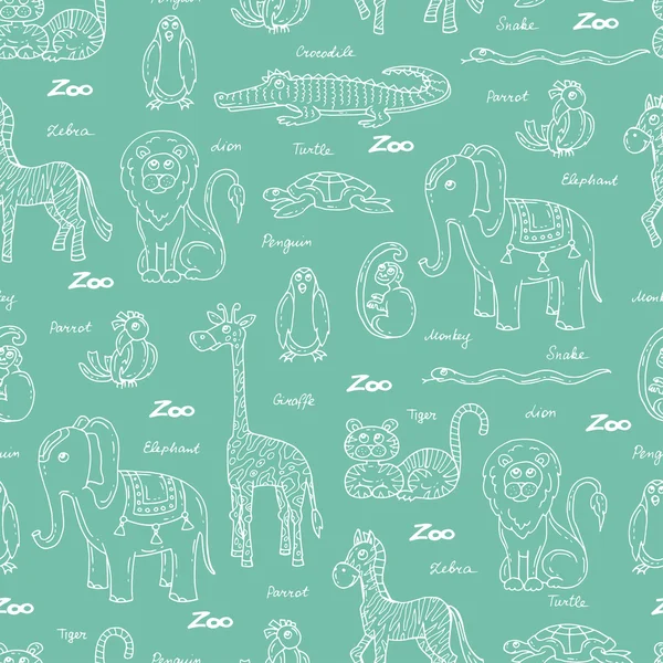 Vector seamless pattern with hand drawn animals on green color — Stock Vector