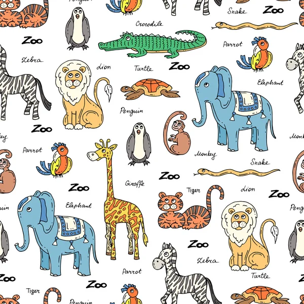 手描きの色の動物とベクトルシームレスなパターン — ストックベクタ