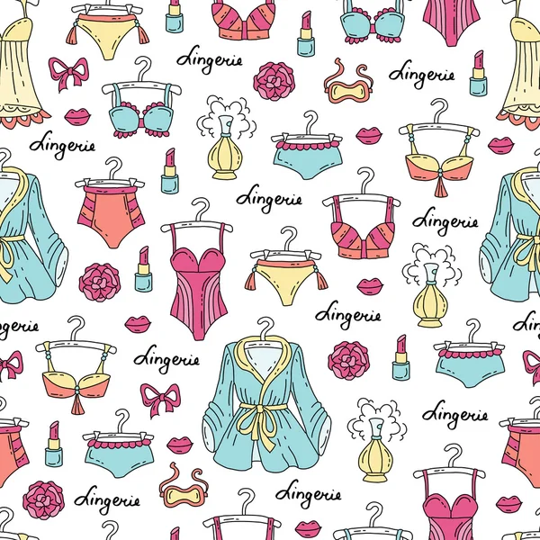 Vector seamless pattern with hand drawn colored lingerie — Stock Vector