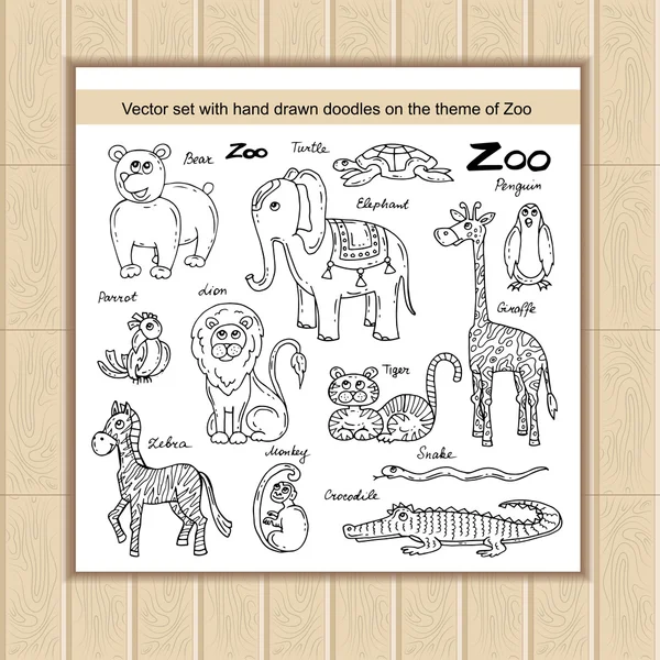 Vector set met hand getekende geïsoleerde doodles op het thema van de dierentuin — Stockvector