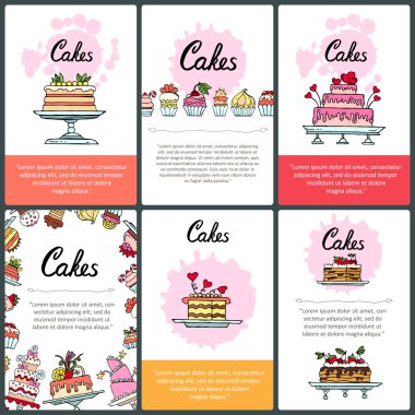 El çizilmiş renkli kek ile hazırlanan kartların vektör seti