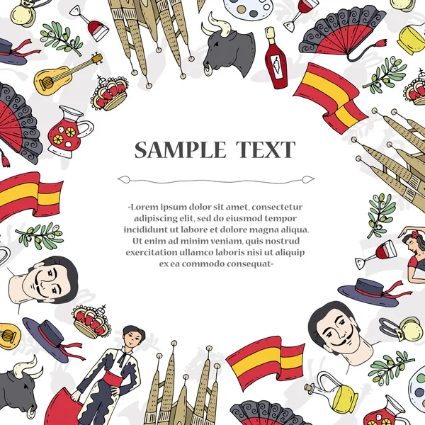 Aranyos dekoratív borító kézzel rajzolt színes szimbólumok Spanyolország — Stock Vector
