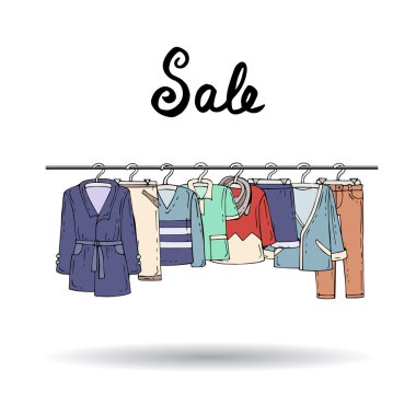 Askıda erkekler için renkli giyim ile sevimli el çizilmiş illüstrasyon