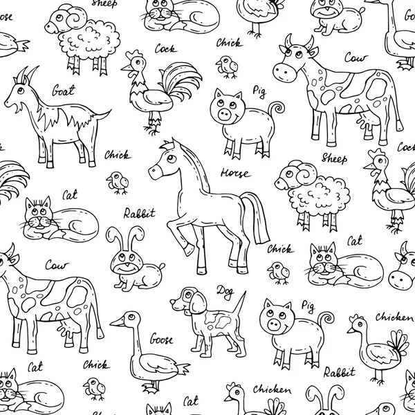 Modèle sans couture vectoriel avec des animaux isolés dessinés à la main sur couleur blanche — Image vectorielle