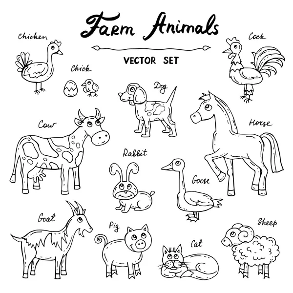 Векторный набор с рисованными вручную изолированными каракулями на тему сельскохозяйственных животных — стоковый вектор