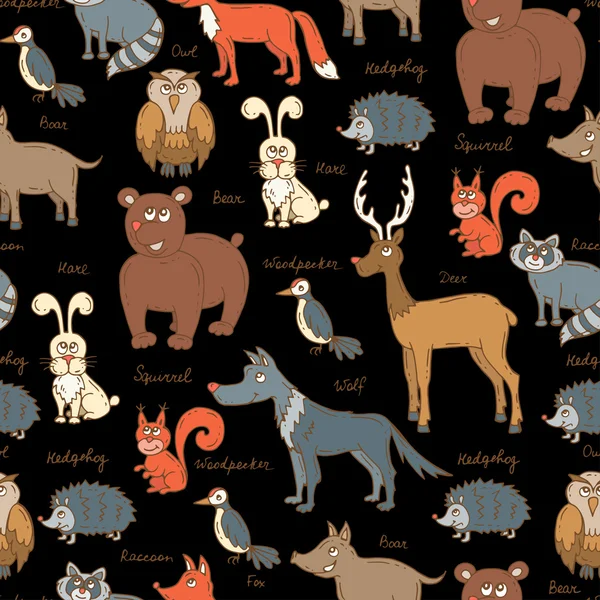 Modèle sans couture vectoriel avec des animaux forestiers colorés dessinés à la main sur la couleur noire — Image vectorielle