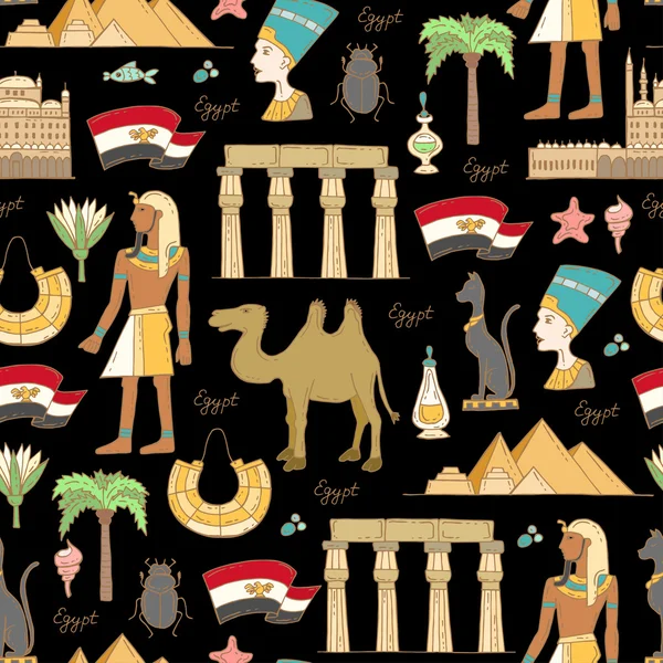 Векторный бесшовный узор с нарисованными вручную цветными символами Египта на черном цвете — стоковый вектор