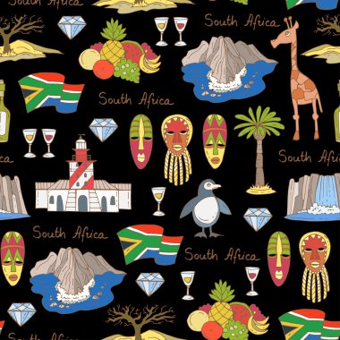 Siyah renk üzerinde Güney Afrika'nın elle çizilmiş renkli sembolleri ile vektör dikişsiz desen