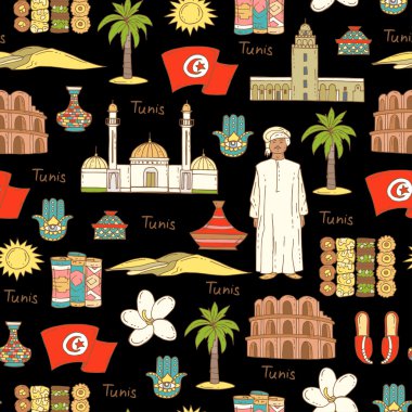 Vektör seamless modeli el ile Tunus'un renkli semboller üzerinde siyah renkli çizilmiş.