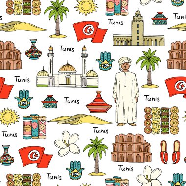 Tunis'in elle çizilmiş renkli sembolleri ile vektör dikişsiz desen
