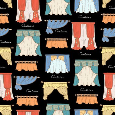 Vektör seamless modeli el ile izole renkli perde üzerinde siyah renkli çizilmiş.