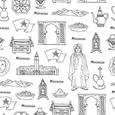 Vektör seamless modeli el ile Fas izole semboller üzerinde beyaz renkli çizilmiş.