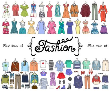 Set el ile vektör renkli karalamalar moda tema üzerinde çizilmiş.