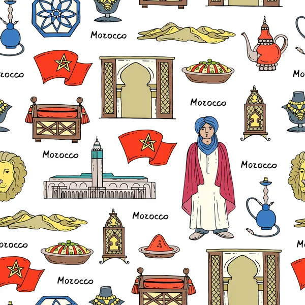 Vektor nahtloses Muster mit handgezeichneten farbigen Symbolen Marokkos — Stockvektor