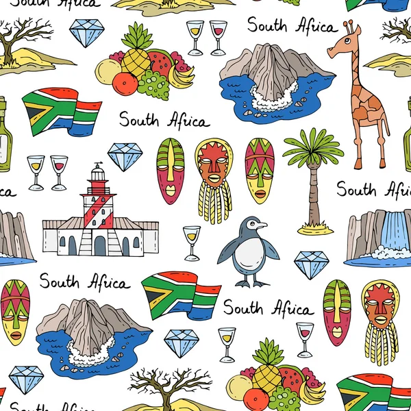 南アフリカの手描きの色のシンボルを持つベクトルシームレスパターン — ストックベクタ