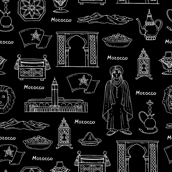 Vector seamless pattern with hand drawn isolated symbols of Morocco on black color — Stock Vector