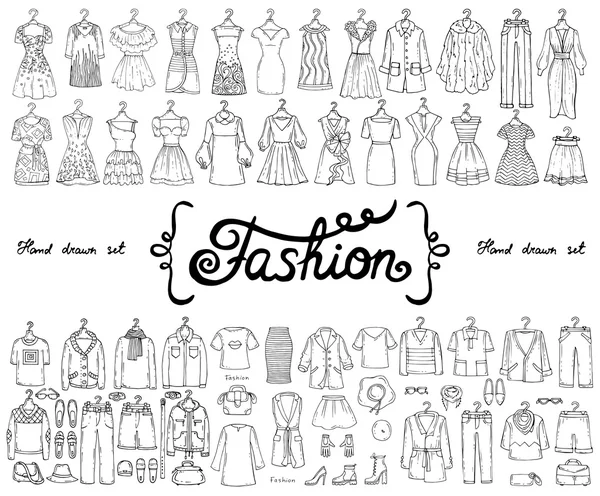 Vector set with hand drawn isolated doodles on the theme of fashion — Stock Vector