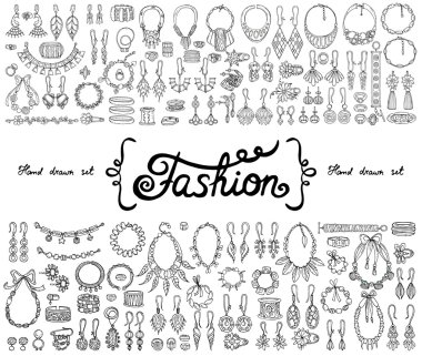 Set el ile vektör izole karalamalar moda, Aksesuar tema üzerinde çizilmiş.