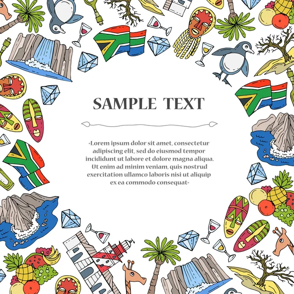 Linda cubierta decorativa con símbolos de color dibujado a mano de Sudáfrica — Vector de stock