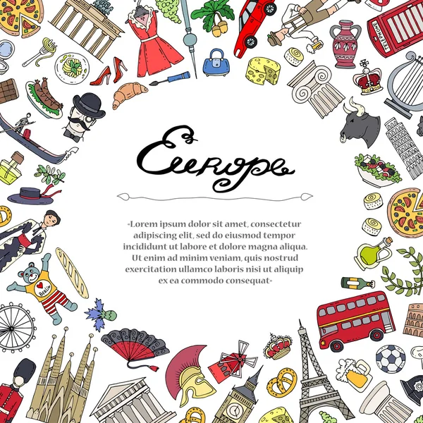 Linda cubierta decorativa con símbolos dibujados a mano de los países europeos — Vector de stock