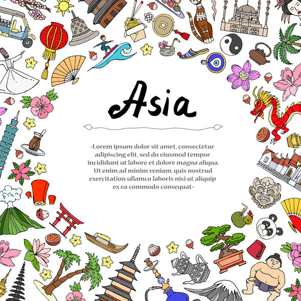 Cute decorative cover with hand drawn colored symbols of Asian countries