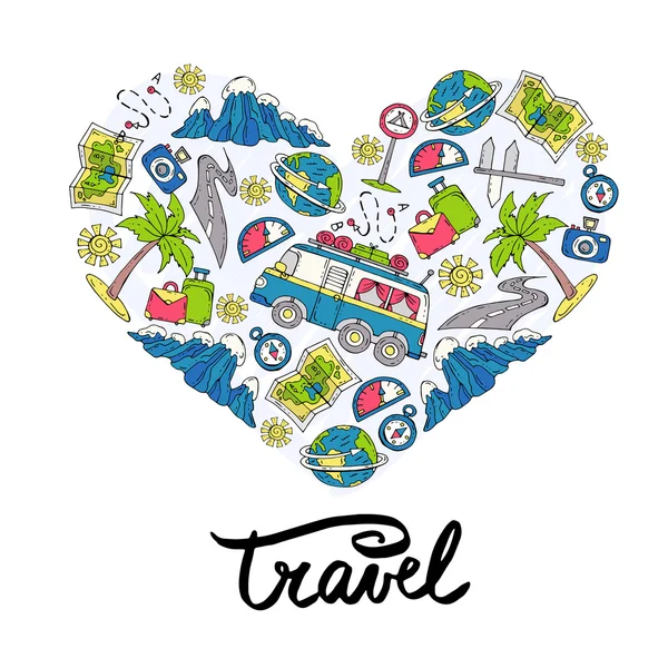 Stiliseret hjerte med håndtegnede farvede symboler på turisme og rejser – Stock-vektor