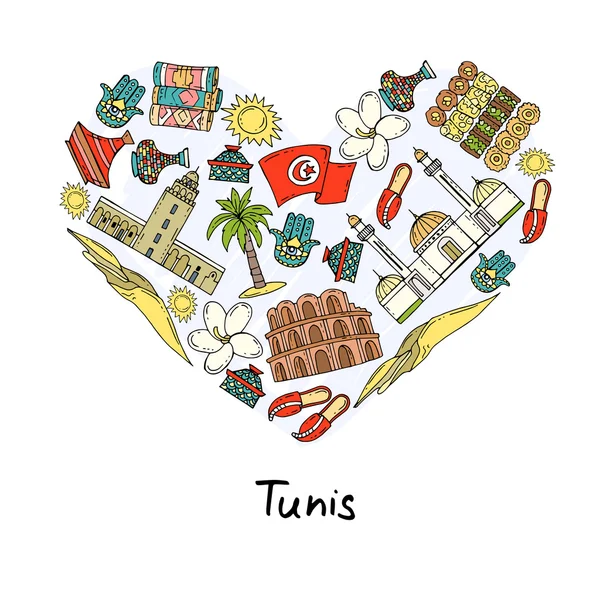 Gestileerde hart met hand getrokken gekleurde symbolen van Tunis — Stockvector