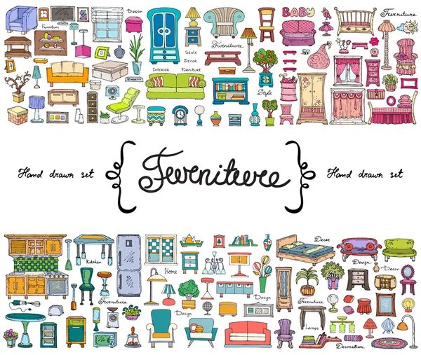 Vector set with hand drawn colored doodles on the  theme of furniture — Stock Vector