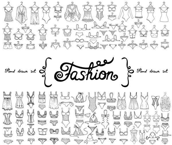 Vector set with hand drawn isolated doodles on the theme of fashion — Stock Vector