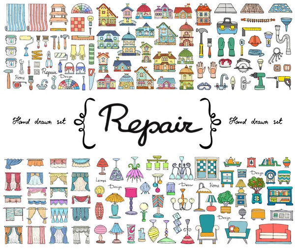 Vector set with hand drawn colored doodles on the  theme of repa — Stock Vector